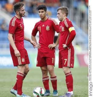 Qualifying match for the Euro 2016 under 21 played between Spain and Sweden. In this picture, Saúl, Marco Asensio and Deulofeu. xSANTIAGOxFERREROx 