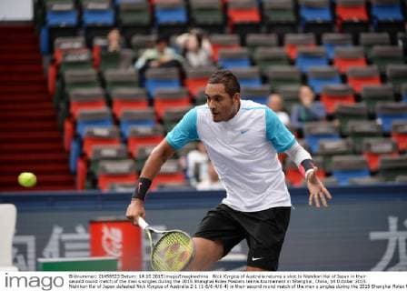 Nick Kyrgios of Australia returns a shot to Nishikori Kei of Japan in their second round match of the men s singles during the 2015 Shanghai Rolex Masters tennis tournament in Shanghai, China, 14 October 2015. Nishikori Kei of Japan defeated Nick Kyrgios of Australia 2-1 (1-6 6-4 6-4) in their second round match of the men s singles during the 2015 Shanghai Rolex Masters tennis tournament in Shanghai, China, 14 October 2015. Nishikori Kei ousts Nick Kyrgios at Shanghai Rolex Masters  20151014_63088