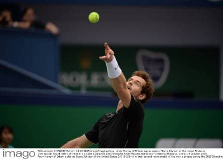 Andy Murray of Britain serves against Steve Johnson of the United States in their second round match of the men s singles during the 2015 Shanghai Rolex Masters tennis tournament in Shanghai, China, 14 October 2015. Andy Murray of Britain defeated Steve Johnson of the United States 2-0 (6-2 6-4) in their second round match of the men s singles during the 2015 Shanghai Rolex Masters tennis tournament in Shanghai, China, 14 October 2015. Andy Murray eliminates Steve Johnson at Shanghai Rolex Masters  20151014_10670