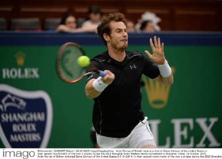 Andy Murray of Britain returns a shot to Steve Johnson of the United States in their second round match of the men s singles during the 2015 Shanghai Rolex Masters tennis tournament in Shanghai, China, 14 October 2015. Andy Murray of Britain defeated Steve Johnson of the United States 2-0 (6-2 6-4) in their second round match of the men s singles during the 2015 Shanghai Rolex Masters tennis tournament in Shanghai, China, 14 October 2015. Andy Murray eliminates Steve Johnson at Shanghai Rolex Masters  20151014_64399