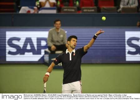 Novak Djokovic of Serbia serves against Martin Klizan of Slovakia in their second round match of the men s singles during the 2015 Shanghai Rolex Masters tennis tournament in Shanghai, China, 14 October 2015. Novak Djokovic of Serbia defeated Martin Klizan of Slovakia 2-0 (6-2 6-1) in their second round match of the men s singles during the 2015 Shanghai Rolex Masters tennis tournament in Shanghai, China, 14 October 2015. Novak Djokovic kicks out Martin Klizan at Shanghai Rolex Masters  20151014_50665