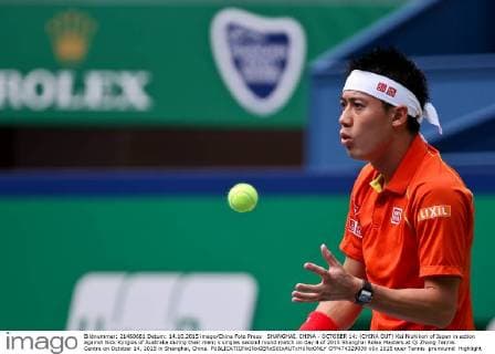 SHANGHAI, CHINA - OCTOBER 14: (CHINA OUT) Kei Nishikori of Japan in action against Nick Kyrgios of Australia during their men s singles second round match on day 4 of 2015 Shanghai Rolex Masters at Qi Zhong Tennis Centre on October 14, 2015 in Shanghai, China.  CFP474329039 