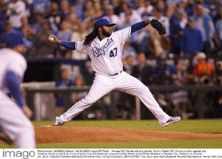Kansas City Royals starting pitcher Johnny Cueto (47) throws a pitch against the Houston Astros in the first inning of game 5 of the American League Division Series at Kauffman Stadium in Kansas City, Missouri on October 14, 2015.  KCP20151014102 JEFFxMOFFETT