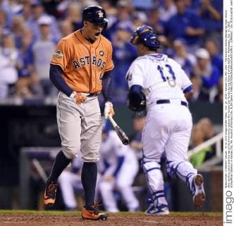 Oct. 14, 2015 - Kansas City, MO, USA - The Houston Astros George Springer shouts after striking out to end the top of the third innnig against the Kansas City Royals during Game 5 of the ALDS on Wednesday, Oct. 14, 2015, at Kauffman Stadium in Kansas City, Mo. Houston at Kansas City, ALDS Game 5 - ZUMAm67_