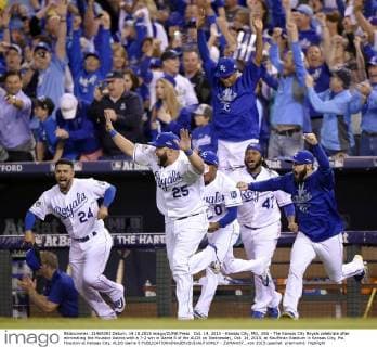 Oct. 14, 2015 - Kansas City, MO, USA - The Kansas City Royals celebrate after eliminating the Houston Astros with a 7-2 win in Game 5 of the ALDS on Wednesday, Oct. 14, 2015, at Kauffman Stadium in Kansas City, Mo. Houston at Kansas City, ALDS Game 5 - ZUMAm67_