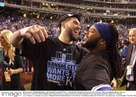Kansas City Royals first baseman Eric Hosmer (35) and starting pitcher Johnny Cueto (47) celebrate after defeating the Houston Astros in game 5 of the American League Division Series at Kauffman Stadium in Kansas City, Missouri on October 14, 2015.  KCP20151014136 JEFFxMOFFETT