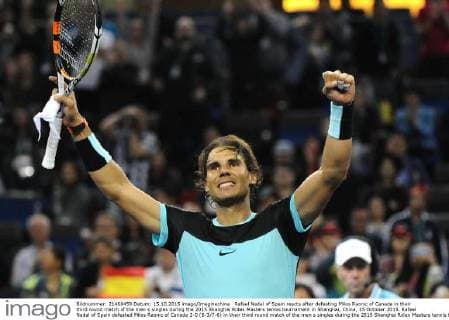 Rafael Nadal of Spain reacts after defeating Milos Raonic of Canada in their third round match of the men s singles during the 2015 Shanghai Rolex Masters tennis tournament in Shanghai, China, 15 October 2015. Rafael Nadal of Spain defeated Milos Raonic of Canada 2-0 (6-3 7-6) in their third round match of the men s singles during the 2015 Shanghai Rolex Masters tennis tournament in Shanghai, China, 15 October 2015. Rafael Nadal ousts Milos Raonic at Shanghai Rolex Masters  pbu345780_01