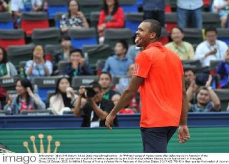 Jo-Wilfried Tsonga of France reacts after defeating Kevin Anderson of the United States in their quarter-final match of the men s singles during the 2015 Shanghai Rolex Masters tennis tournament in Shanghai, China, 16 October 2015. Jo-Wilfried Tsonga of France defeated Kevin Anderson of the United States 2-1 (7-6 5-7 6-4) in their quarter-final match of the men s singles during the 2015 Shanghai Rolex Masters tennis tournament in Shanghai, China, 16 October 2015. Jo-Wilfried Tsonga eliminates Kevin Anderson to advance to semi-final at Shanghai Rolex Masters  pbu346184_21