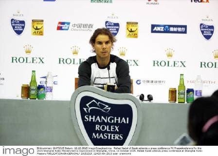 Rafael Nadal of Spain attends a press conference PK Pressekonferenz for the 2015 Shanghai Rolex Masters tennis tournament in Shanghai, China, 16 October 2015. Rafael Nadal attends press conference at Shanghai Rolex Masters  20151016_12425