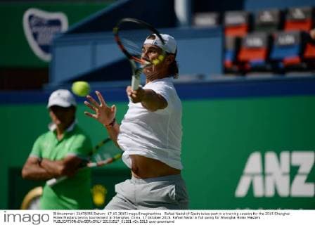 Rafael Nadal of Spain takes part in a training session for the 2015 Shanghai Rolex Masters tennis tournament in Shanghai, China, 17 October 2015. Rafael Nadal in full swing for Shanghai Rolex Masters  20151017_61281