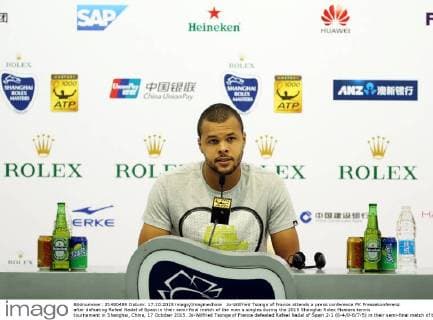 Jo-Wilfried Tsonga of France attends a press conference PK Pressekonferenz after defeating Rafael Nadal of Spain in their semi-final match of the men s singles during the 2015 Shanghai Rolex Masters tennis tournament in Shanghai, China, 17 October 2015. Jo-Wilfried Tsonga of France defeated Rafael Nadal of Spain 2-1 (6-4 0-6 7-5) in their semi-final match of the men s singles during the 2015 Shanghai Rolex Masters tennis tournament in Shanghai, China, 17 October 2015. Jo-Wilfried Tsonga feels happy during press conference at Shanghai Rolex Masters  20151017_49450