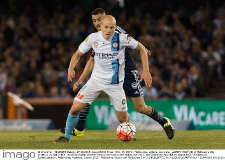 Oct. 17, 2015 - Melbourne, Victoria, Australia - AARON MOOY (8) of Melbourne City protects the ball in the round two match between Melbourne Victory and Melbourne City in the Australian Hyundai A-League 2015-16 season at Etihad Stadium, Melbourne, Australia. Soccer 2015 - Melbourne Victory def Melbourne City 3-2 - ZUMAl303
