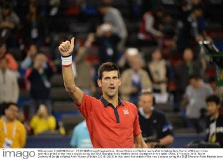Novak Djokovic of Serbia reacts after defeating Andy Murray of Britain in their semi-final match of the men s singles during the 2015 Shanghai Rolex Masters tennis tournament in Shanghai, China, 17 October 2015. Novak Djokovic of Serbia defeated Andy Murray of Britain 2-0 (6-1 6-3) in their semi-final match of the men s singles during the 2015 Shanghai Rolex Masters tennis tournament in Shanghai, China, 17 October 2015. Novak Djokovic eliminates Andy Murray to advance to final at Shanghai Rolex Masters  20151017_49847