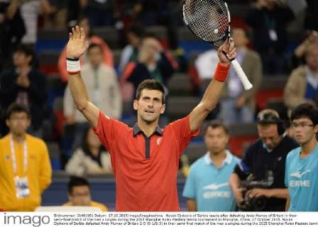 Novak Djokovic of Serbia reacts after defeating Andy Murray of Britain in their semi-final match of the men s singles during the 2015 Shanghai Rolex Masters tennis tournament in Shanghai, China, 17 October 2015. Novak Djokovic of Serbia defeated Andy Murray of Britain 2-0 (6-1 6-3) in their semi-final match of the men s singles during the 2015 Shanghai Rolex Masters tennis tournament in Shanghai, China, 17 October 2015. Novak Djokovic eliminates Andy Murray to advance to final at Shanghai Rolex Masters  20151017_33636