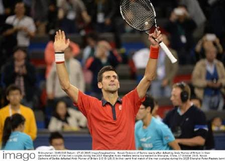 Novak Djokovic of Serbia reacts after defeating Andy Murray of Britain in their semi-final match of the men s singles during the 2015 Shanghai Rolex Masters tennis tournament in Shanghai, China, 17 October 2015. Novak Djokovic of Serbia defeated Andy Murray of Britain 2-0 (6-1 6-3) in their semi-final match of the men s singles during the 2015 Shanghai Rolex Masters tennis tournament in Shanghai, China, 17 October 2015. Novak Djokovic eliminates Andy Murray to advance to final at Shanghai Rolex Masters  20151017_49928