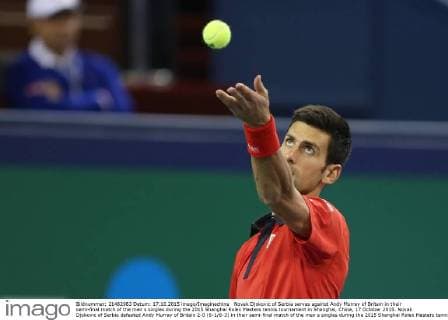 Novak Djokovic of Serbia serves against Andy Murray of Britain in their semi-final match of the men s singles during the 2015 Shanghai Rolex Masters tennis tournament in Shanghai, China, 17 October 2015. Novak Djokovic of Serbia defeated Andy Murray of Britain 2-0 (6-1 6-3) in their semi-final match of the men s singles during the 2015 Shanghai Rolex Masters tennis tournament in Shanghai, China, 17 October 2015. Novak Djokovic eliminates Andy Murray to advance to final at Shanghai Rolex Masters  20151017_65325