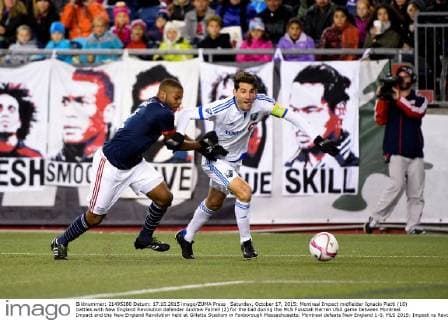 Saturday, October 17, 2015: Montreal Impact midfielder Ignacio Piatti (10) battles with New England Revolution defender Andrew Farrell (2) for the ball during the MLS Fussball Herren USA game between Montreal Impact and the New England Revolution held at Gillette Stadium in Foxborough Massachusetts. Montreal defeats New England 1-0. MLS 2015: Impact vs Revolution OCT 17 - ZUMAc04_