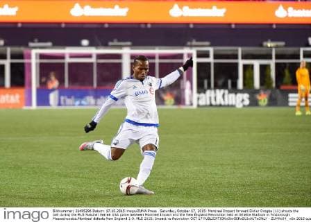 Saturday, October 17, 2015: Montreal Impact forward Didier Drogba (11) shoots the ball during the MLS Fussball Herren USA game between Montreal Impact and the New England Revolution held at Gillette Stadium in Foxborough Massachusetts.Montreal defeats New England 1-0. MLS 2015: Impact vs Revolution OCT 17 - ZUMAc04_
