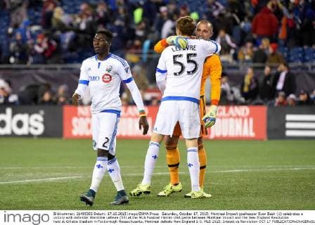Saturday, October 17, 2015: Montreal Impact goalkeeper Evan Bush (1) celebrates a victory with defender Wandrille Lefevre (55) at the MLS Fussball Herren USA game between Montreal Impact and the New England Revolution held at Gillette Stadium in Foxborough Massachusetts. Montreal defeats New England 1-0. MLS 2015: Impact vs Revolution OCT 17 - ZUMAc04_