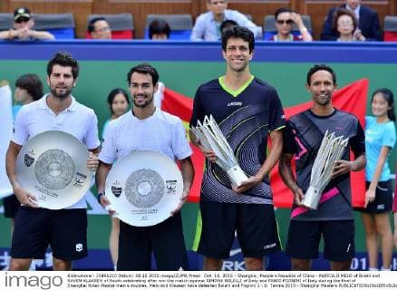 Oct. 18, 2015 - Shanghai, People s Republic of China - MARCELO MELO of Brazil and RAVEN KLAASEN of South celebrating after win the match against SIMONE BOLELLI of Italy and FABIO FOGNINI of Italy during the final of Shanghai Rolex Master men s doubles. Melo and Klaasen have defeated Bolelli and Fognini 2 - 0. Tennis 2015 - Shanghai Masters  - ZUMAm119
