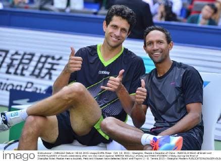 Oct. 18, 2015 - Shanghai, People s Republic of China - MARCELO MELO of Brazil and RAVEN KLAASEN of South celebrating after win the match against SIMONE BOLELLI of Italy and FABIO FOGNINI of Italy during the final of Shanghai Rolex Master men s doubles. Melo and Klaasen have defeated Bolelli and Fognini 2 - 0. Tennis 2015 - Shanghai Masters  - ZUMAm119