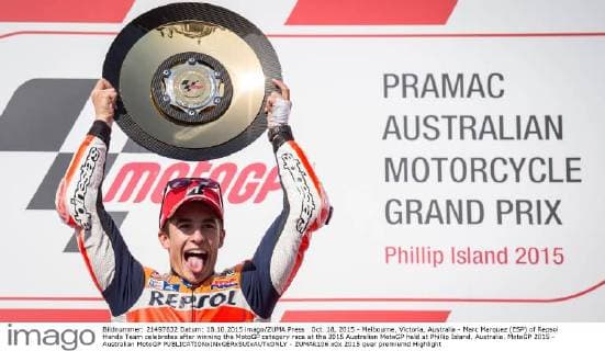 Oct. 18, 2015 - Melbourne, Victoria, Australia - Marc Marquez (ESP) of Repsol Honda Team celebrates after winning the MotoGP category race at the 2015 Australian MotoGP held at Phillip Island, Australia. MotoGP 2015 - Australian MotoGP - ZUMAk106
