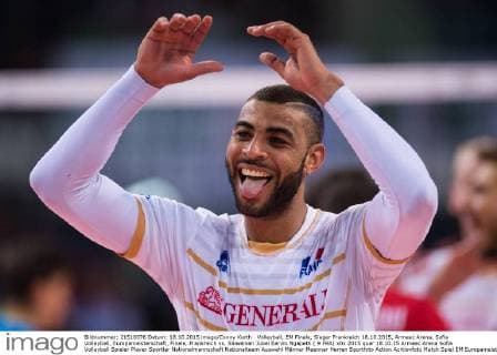 Volleyball, EM Finale, Sieger Frankreich 18.10.2015, Armeec Arena, Sofia Volleyball, Europameisterschaft, Finale, Frankreich vs. Slowenien Jubel Earvin Ngapeth ( 9 FRA)