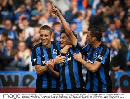 20151018 - BRUGGE;BELGIUM: 18 Club s Felipe Gedoz Da Conceicao celebrates after scoring during the Jupiler Pro League match between Club Brugge and KV Oostende, in Brugge on day 11 of the Belgian soccer Championship. REPORTERS VIRGINIE LEFOUR xxLEFOUR