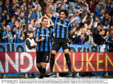 20151018 - BRUGGE;BELGIUM: 18 Club s Felipe Gedoz Da Conceicao celebrates after scoring during the Jupiler Pro League match between Club Brugge and KV Oostende, in Brugge on day 11 of the Belgian soccer Championship. REPORTERS VIRGINIE LEFOUR xxLEFOUR