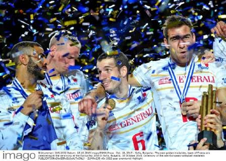 Oct. 18, 2015 - Sofia, Bulgaria - The new golden medalists, team of France are celebrating at the ceremony at the Eurovolley 2015 in Sofia, Bulgaria, 18 October 2015. Ceremony of the new European volleyball medalists  - ZUMAn230