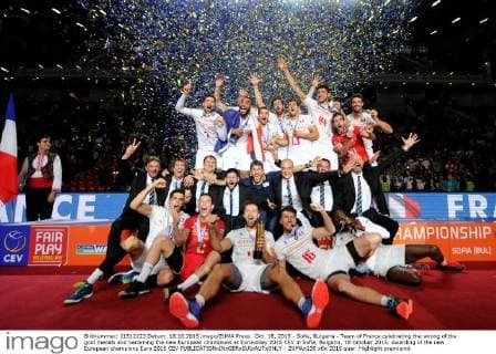 Oct. 18, 2015 - Sofia, Bulgaria - Team of France celebrating the wining of the gold medals and becoming the new European champions at Eurovolley 2015 CEV in Sofia, Bulgaria, 18 October 2015. Awarding of the new European champions Euro 2015 CEV  - ZUMAn230