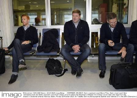 - OOSTENDE, BELGIUM: Gent s assistant coach Bernd Thijs, Gent s head coach Hein Vanhaezebrouck and Gent s assistant coach Rudi Cossey pictured before the departure of Belgian first division soccer team KAA Gent from the airport in Oostende towards Valencia, Spain, Monday 19 October 2015. On Tuesday Gent is playing against Spanish club Valencia CF in the UEFA Champions League competition. YORICKxJANSENS  x04724206x