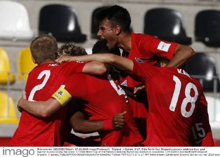 England v Guinea. U 17, Chile World Cup. England s players celebrate their goal against Guinea during the Under 17 Chile World Cup at the Federico Sanchez Rumoroso stadium in Coquimbo 17 10 2015 AndresxPina Photosport England v Guinea, 