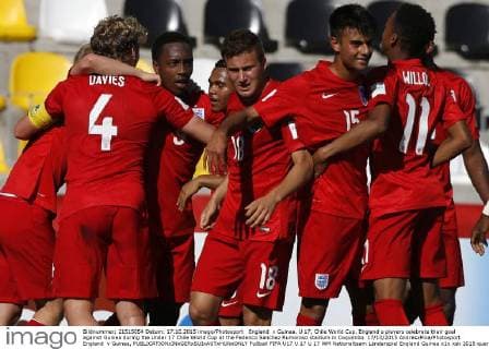 England v Guinea. U 17, Chile World Cup. England s players celebrate their goal against Guinea during the Under 17 Chile World Cup at the Federico Sanchez Rumoroso stadium in Coquimbo 17 10 2015 AndresxPina Photosport England v Guinea, 
