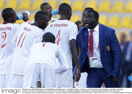 Football, England v Guinea. U 17, Chile World Cup. Guinea s manager, Hamidou Camara, instructs his players during the Under 17 Chile World Cup against England at the Federico Sanchez Rumoroso stadium in Coquimbo 17 10 2015 AndresxPina Photosport England v Guinea, 
