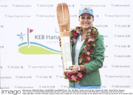 Oct. 18, 2015 - Icheon, South Korea - October 18, 2015 - South Korea, Incheon : Lexi Thompson of United States hold trophy with wins ceremony during the LPGA Golf Damen KEB HANA Bank Chapionship Final Round at Sky72 Ocean golf club in Incheon.Thompson posted a final round 3-under par, 69 to win on Sunday for her second victory of 2015 and sixth win of her career. LPGA KEB HANA Bank Round Three  - ZUMAn230