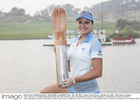 Oct. 18, 2015 - Icheon, South Korea - October 18, 2015 - South Korea, Incheon : Lexi Thompson of United States hold trophy with wins ceremony during the LPGA Golf Damen KEB HANA Bank Chapionship Final Round at Sky72 Ocean golf club in Incheon.Thompson posted a final round 3-under par, 69 to win on Sunday for her second victory of 2015 and sixth win of her career. LPGA KEB HANA Bank Round Three  - ZUMAn230