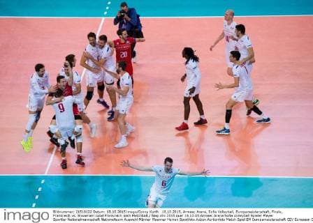 18.10.2015, Armeec Arena, Sofia Volleyball, Europameisterschaft, Finale, Frankreich vs. Slowenien Jubel Frankreich nach Matchball Sieg