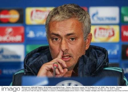 Fußball, Champions League, PK FC Chelsea Oct. 19, 2015 - Kiev, Ukraine - Chelsea manager Jose Mourinho attends a press conference PK Pressekonferenz at Olimpiyskiy Stadium in Kiev, Ukraine, Monday, Oct. 19, 2015. Chelsea and Dynamo Kiev will play on Tuesday in a Group G Champions League soccer match in Kiev. Chelsea manager Jose Mourinho speaks during a press conference  - ZUMAn230