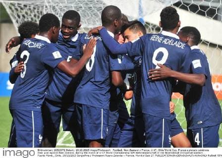 Football, New Zealand v France. U 17, Chile World Cup. France s players celebrate their goal against New Zealand, during the match of U-17 World Championship WM Weltmeisterschaft in the Bicentennial Chinquihue stadium . Puerto Montt , Chile. 19 10 2015 SergioPina Photosport Nueva Zelanda v Francia, Mundial Sub 17. 
