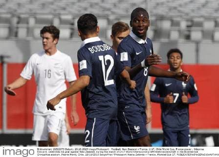 Football, New Zealand v France. U 17, Chile World Cup. France player , Odsonne Edouard, celebrates his goal against New Zealand, during the match of U-17 World Championship WM Weltmeisterschaft in the Bicentennial Chinquihue stadium. Puerto Montt, Chile. 19 10 2015 SergioPina Photosport Nueva Zelanda v Francia, Mundial Sub 17. 