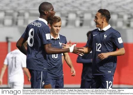 Football, New Zealand v France. U 17, Chile World Cup. France player , Odsonne Edouard, celebrates his goal against New Zealand, during the match of U-17 World Championship WM Weltmeisterschaft in the Bicentennial Chinquihue stadium. Puerto Montt, Chile. 19 10 2015 SergioPina Photosport Nueva Zelanda v Francia, Mundial Sub 17. 