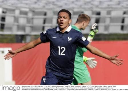 Football, New Zealand v France. U 17, Chile World Cup. France player, Bilal Boutobba, center, celebrates his goal against New Zealand, during the match of U-17 World Championship WM Weltmeisterschaft in the Bicentennial Chinquihue stadium. Puerto Montt, Chile. 19 10 2015 SergioPina Photosport Nueva Zelanda v Francia, Mundial Sub 17. 