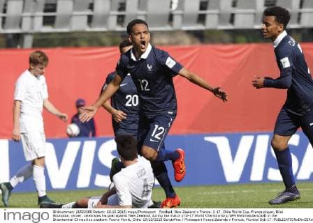 Football, New Zealand v France. U 17, Chile World Cup. France player, Bilal Boutobba, center, celebrates his goal against New Zealand, during the match of U-17 World Championship WM Weltmeisterschaft in the Bicentennial Chinquihue stadium. Puerto Montt, Chile. 19 10 2015 SergioPina Photosport Nueva Zelanda v Francia, Mundial Sub 17. 
