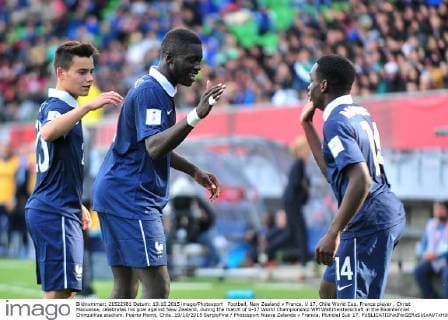 Football, New Zealand v France. U 17, Chile World Cup. France player , Christ Maouassa, celebrates his goal against New Zealand, during the match of U-17 World Championship WM Weltmeisterschaft in the Bicentennial Chinquihue stadium. Puerto Montt, Chile. 19 10 2015 SergioPina Photosport Nueva Zelanda v Francia, Mundial Sub 17. 