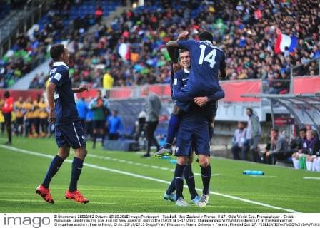 Football, New Zealand v France. U 17, Chile World Cup. France player , Christ Maouassa, celebrates his goal against New Zealand, during the match of U-17 World Championship WM Weltmeisterschaft in the Bicentennial Chinquihue stadium. Puerto Montt, Chile. 19 10 2015 SergioPina Photosport Nueva Zelanda v Francia, Mundial Sub 17. 
