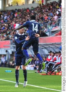 Football, New Zealand v France. U 17, Chile World Cup. France player , Christ Maouassa, celebrates his goal against New Zealand, during the match of U-17 World Championship WM Weltmeisterschaft in the Bicentennial Chinquihue stadium. Puerto Montt, Chile. 19 10 2015 SergioPina Photosport Nueva Zelanda v Francia, Mundial Sub 17. 