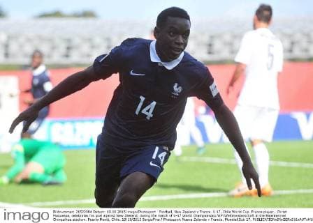 Football, New Zealand v France. U 17, Chile World Cup. France player , Christ Maouassa, celebrates his goal against New Zealand, during the match of U-17 World Championship WM Weltmeisterschaft in the Bicentennial Chinquihue stadium. Puerto Montt, Chile. 19 10 2015 SergioPina Photosport Nueva Zelanda v Francia, Mundial Sub 17. 