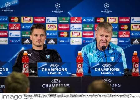 Malmös Markus Rosenberg och Coach Age Hareide PK Champions League Malmö FF.  Copyright: PETTERxARVIDSON BB151020PA049