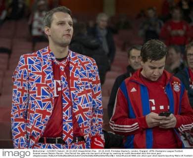 20.10.2015. Emirates Stadium, London, England. UEFA Champions League Football. Arsenal versus Bayern Munich. One Munich fan gets into the spirit of things by wearing an outfit decorated with the union jack. xNigelxCookex  ActionPlus11673965